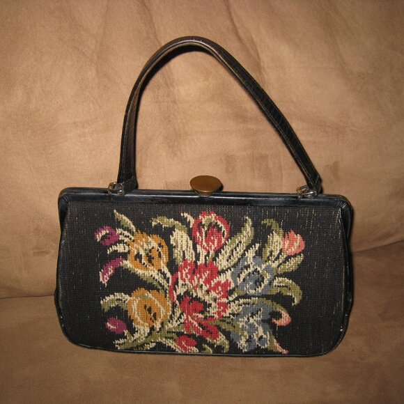 La Marquise Needlepoint Purse Handbag Leather Vintage - Picture 3 of 15